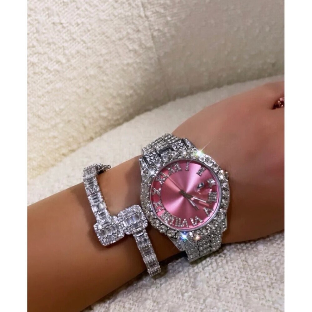 2 piece SET ! Pink and silver watch and square baguette bracelet